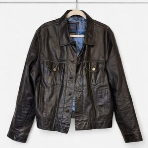 R&O Reilly Olmes XL 100% Leather Jacket Black Y2K 90s Field Utility Blue Lined